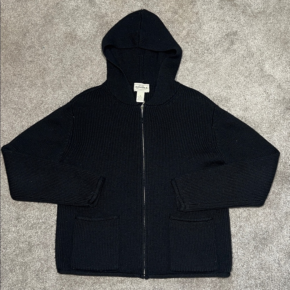 Vintage Genuine Sonoma 100% Wool Full Zip Up Hooded Sweater Black size medium